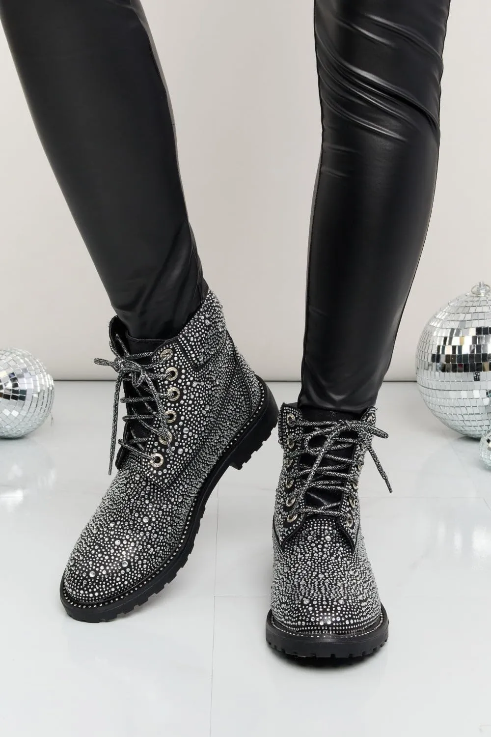 Forever Link Women's Rhinestone Lace Up Combat Ankle Boots