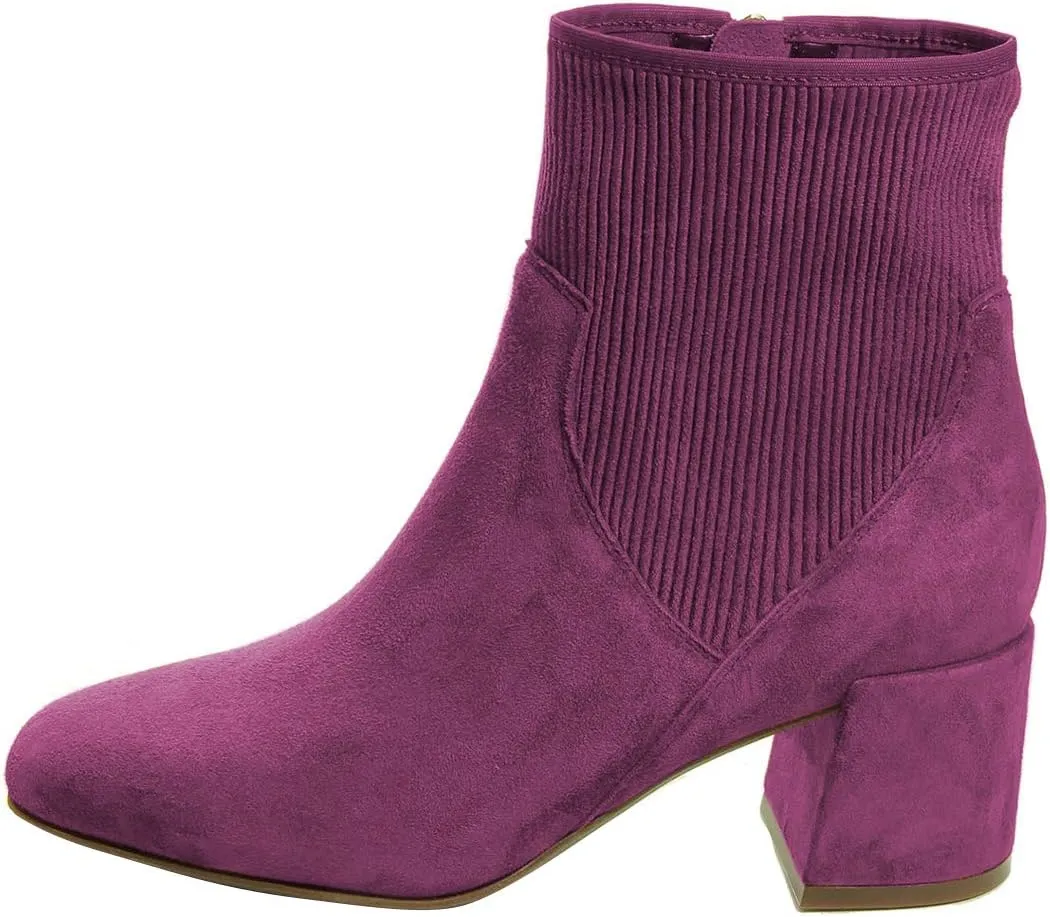 FSJ Women Classic Round Toe Mid Chunky Block Heel Chelsea Ankle Boots Fashion Winter Booties With Side Zipper Suede Formal Casual Dress Shoes Size 4-15 US