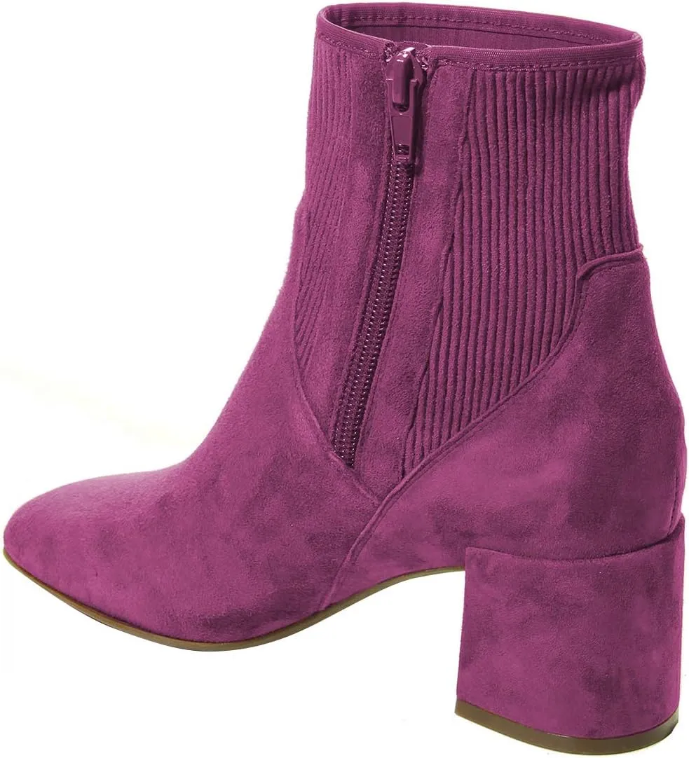 FSJ Women Classic Round Toe Mid Chunky Block Heel Chelsea Ankle Boots Fashion Winter Booties With Side Zipper Suede Formal Casual Dress Shoes Size 4-15 US