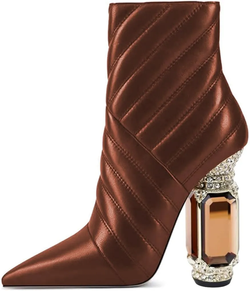 FSJ Women Sparkly Crystal Block High Heel Pointed Toe Ankle Boot Side Zipper Wedding Party Banquet Dress Shoes Size 4-15 US
