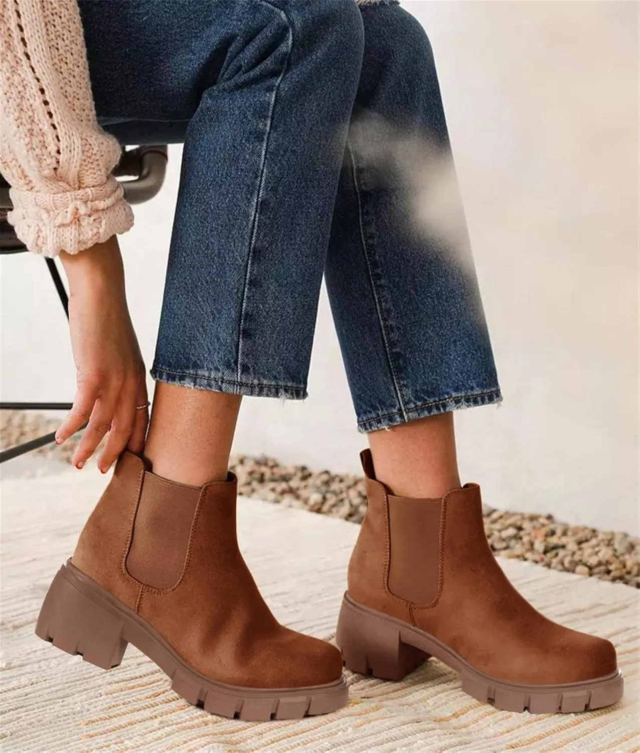 Fttpdeaus Women's Lug Sole Ankle Boots Casual Chunky Platform Boots Elastic Block Heel Combat Chelsea Booties