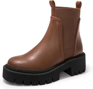 FUNKYMONKEY Women's Chelsea Boot Lug Sole Mid Heel Fashion Ankle Bootie