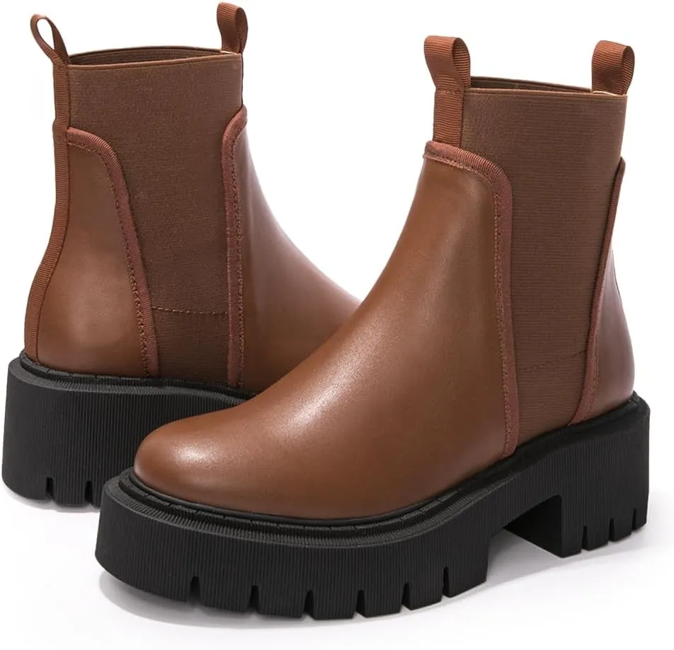 FUNKYMONKEY Women's Chelsea Boot Lug Sole Mid Heel Fashion Ankle Bootie