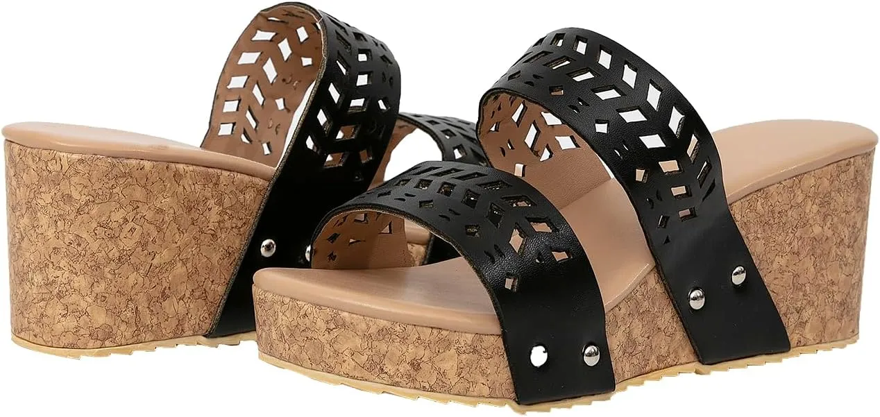 GATUXUS Women's Hollow Out Wedge Sandals Open Toe Slip On Casual Summer Platform Slides Shoes