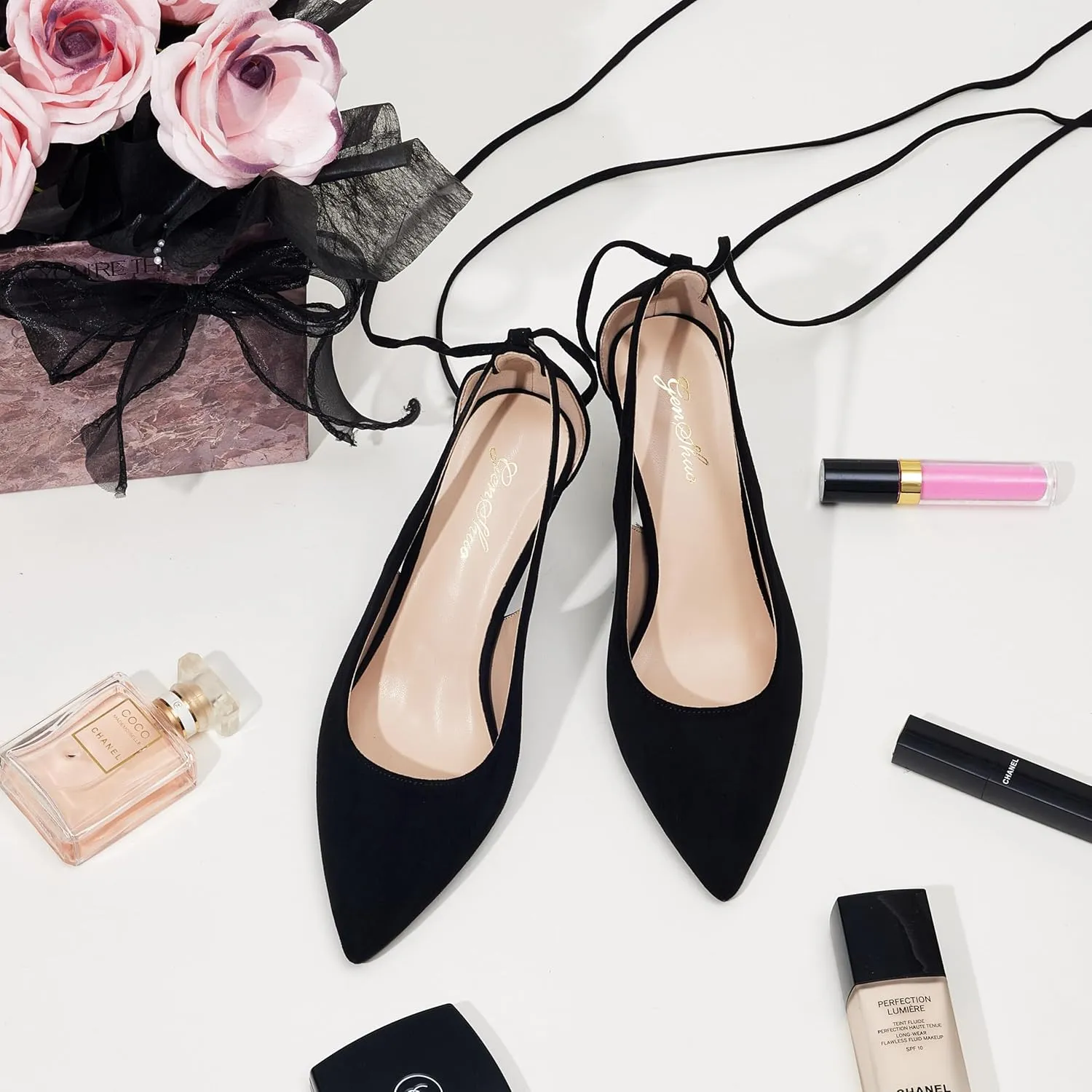 GENSHUO Lace Up Pumps for Women Strappy High Heels Sexy Pointed Closed Toe Shoes 3 Inch Stiletto Heels Suede Dress Party Wedding Shoes