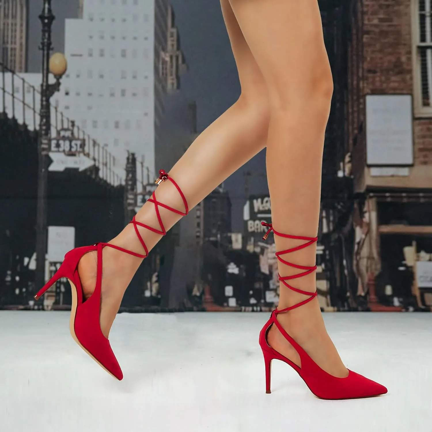 GENSHUO Lace Up Pumps for Women Strappy High Heels Sexy Pointed Closed Toe Shoes 3 Inch Stiletto Heels Suede Dress Party Wedding Shoes
