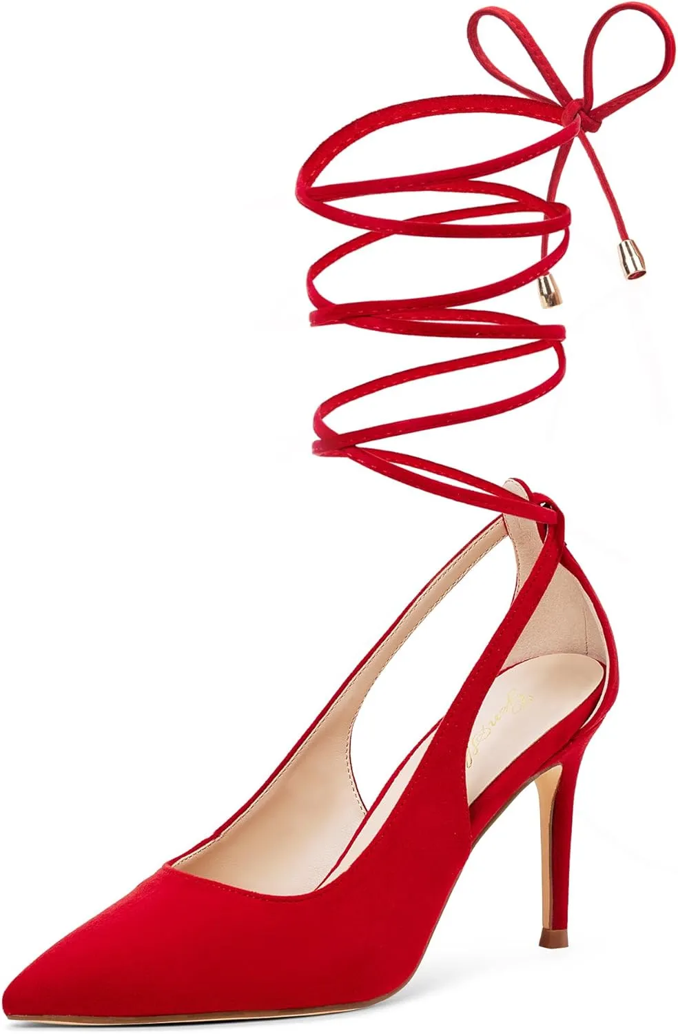 GENSHUO Lace Up Pumps for Women Strappy High Heels Sexy Pointed Closed Toe Shoes 3 Inch Stiletto Heels Suede Dress Party Wedding Shoes