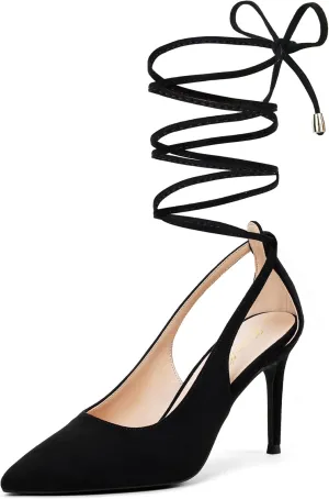 GENSHUO Lace Up Pumps for Women Strappy High Heels Sexy Pointed Closed Toe Shoes 3 Inch Stiletto Heels Suede Dress Party Wedding Shoes