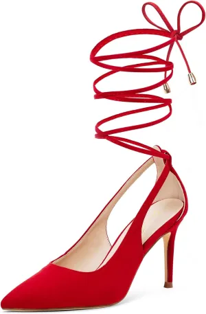 GENSHUO Lace Up Pumps for Women Strappy High Heels Sexy Pointed Closed Toe Shoes 3 Inch Stiletto Heels Suede Dress Party Wedding Shoes