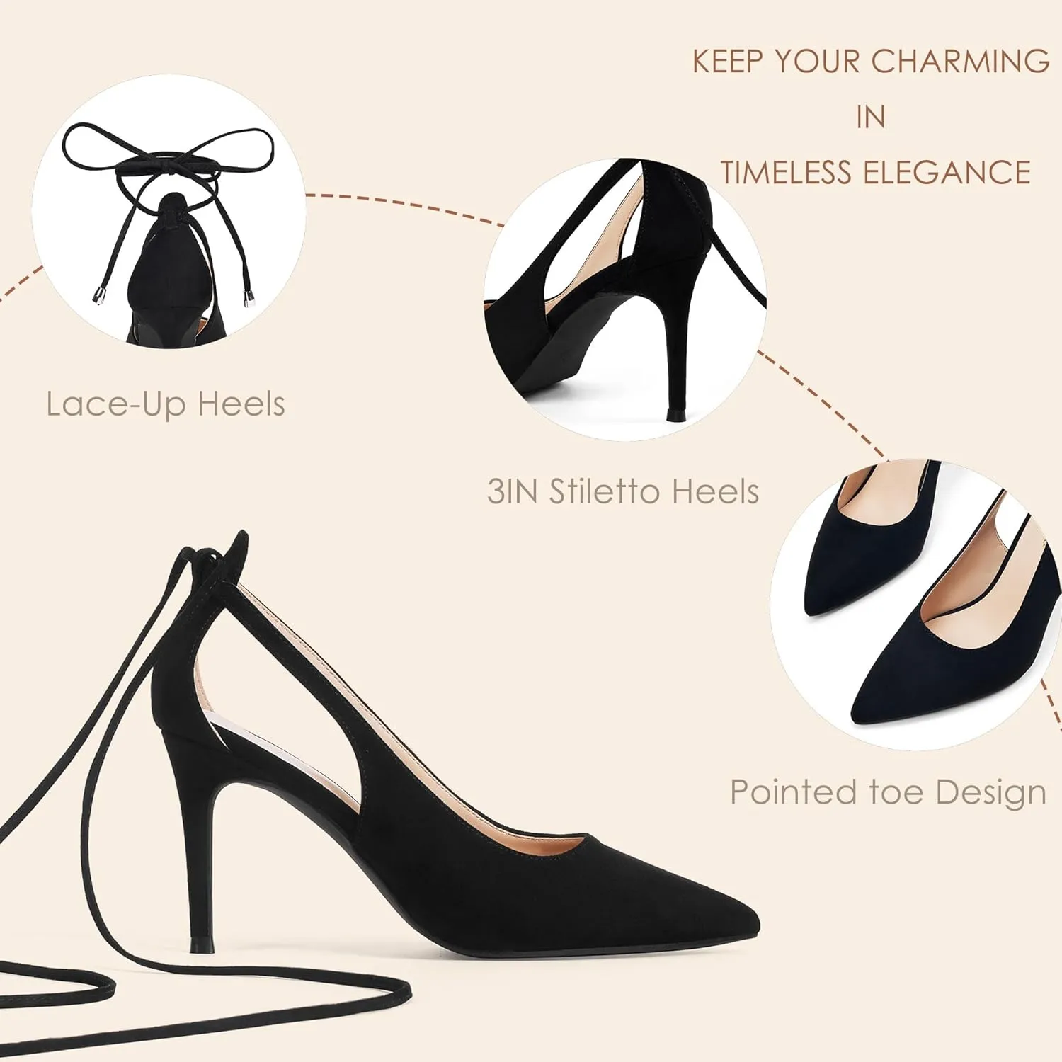 GENSHUO Lace Up Pumps for Women Strappy High Heels Sexy Pointed Closed Toe Shoes 3 Inch Stiletto Heels Suede Dress Party Wedding Shoes