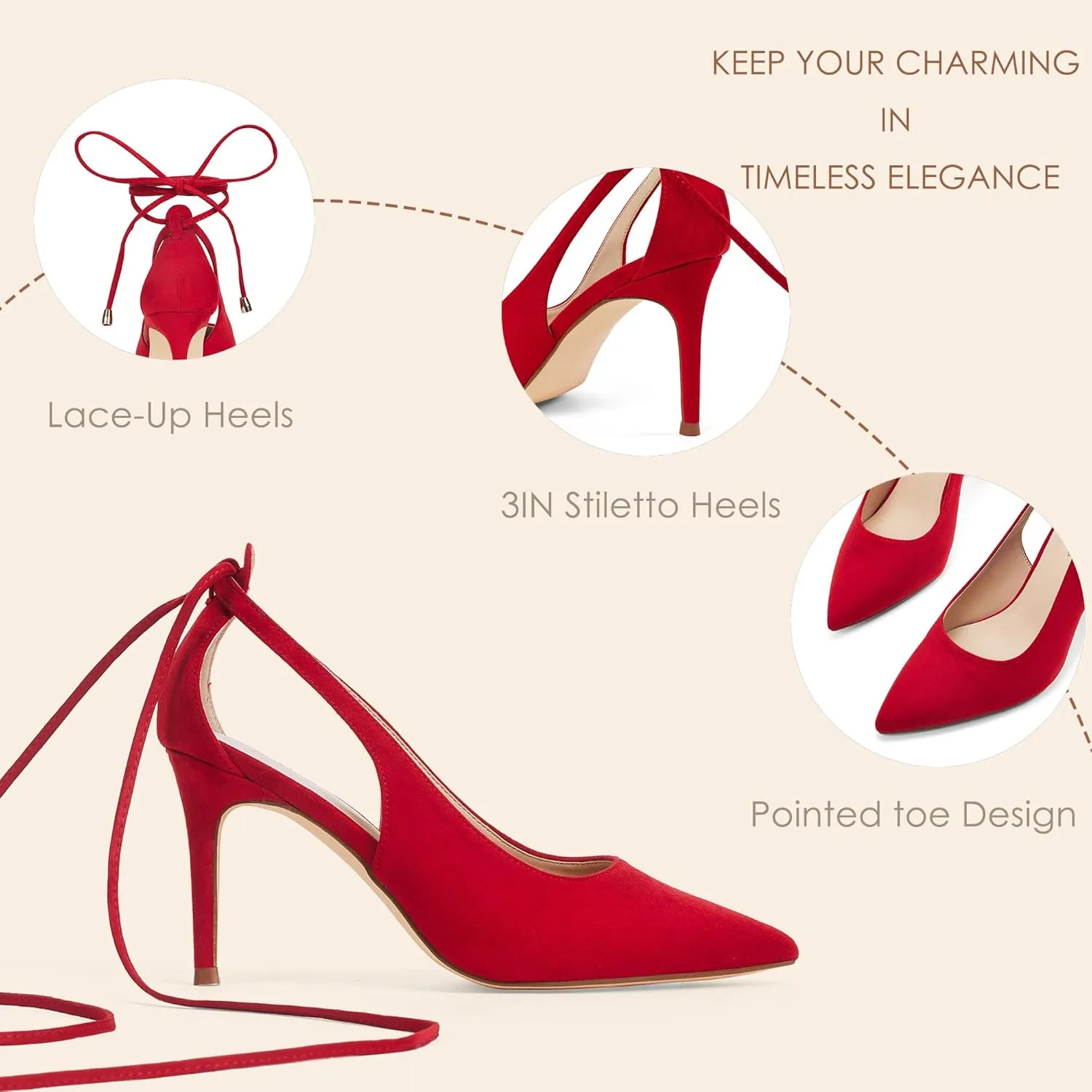 GENSHUO Lace Up Pumps for Women Strappy High Heels Sexy Pointed Closed Toe Shoes 3 Inch Stiletto Heels Suede Dress Party Wedding Shoes