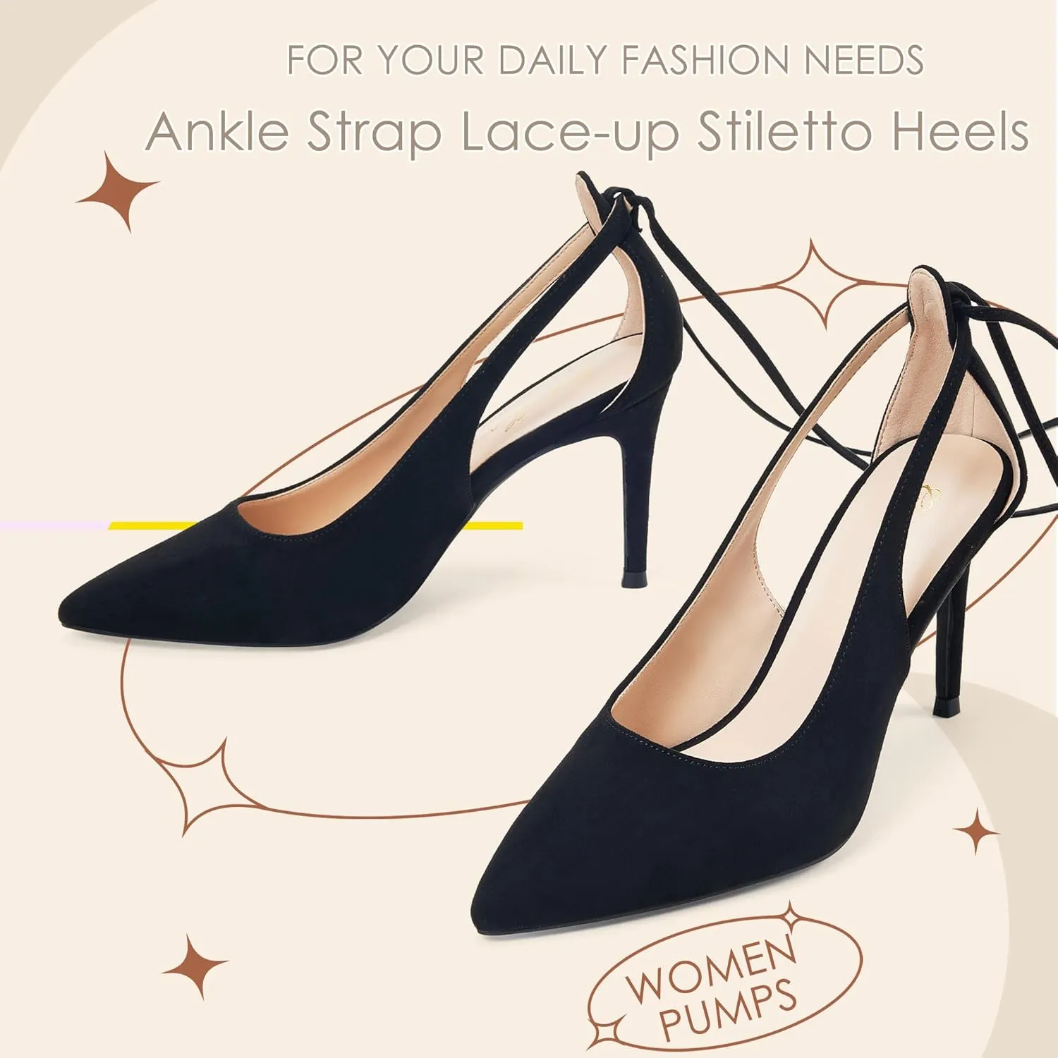 GENSHUO Lace Up Pumps for Women Strappy High Heels Sexy Pointed Closed Toe Shoes 3 Inch Stiletto Heels Suede Dress Party Wedding Shoes