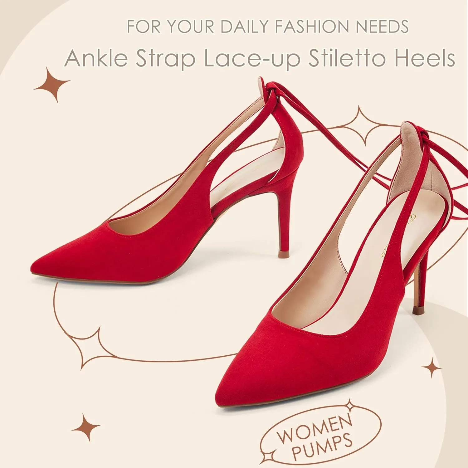 GENSHUO Lace Up Pumps for Women Strappy High Heels Sexy Pointed Closed Toe Shoes 3 Inch Stiletto Heels Suede Dress Party Wedding Shoes