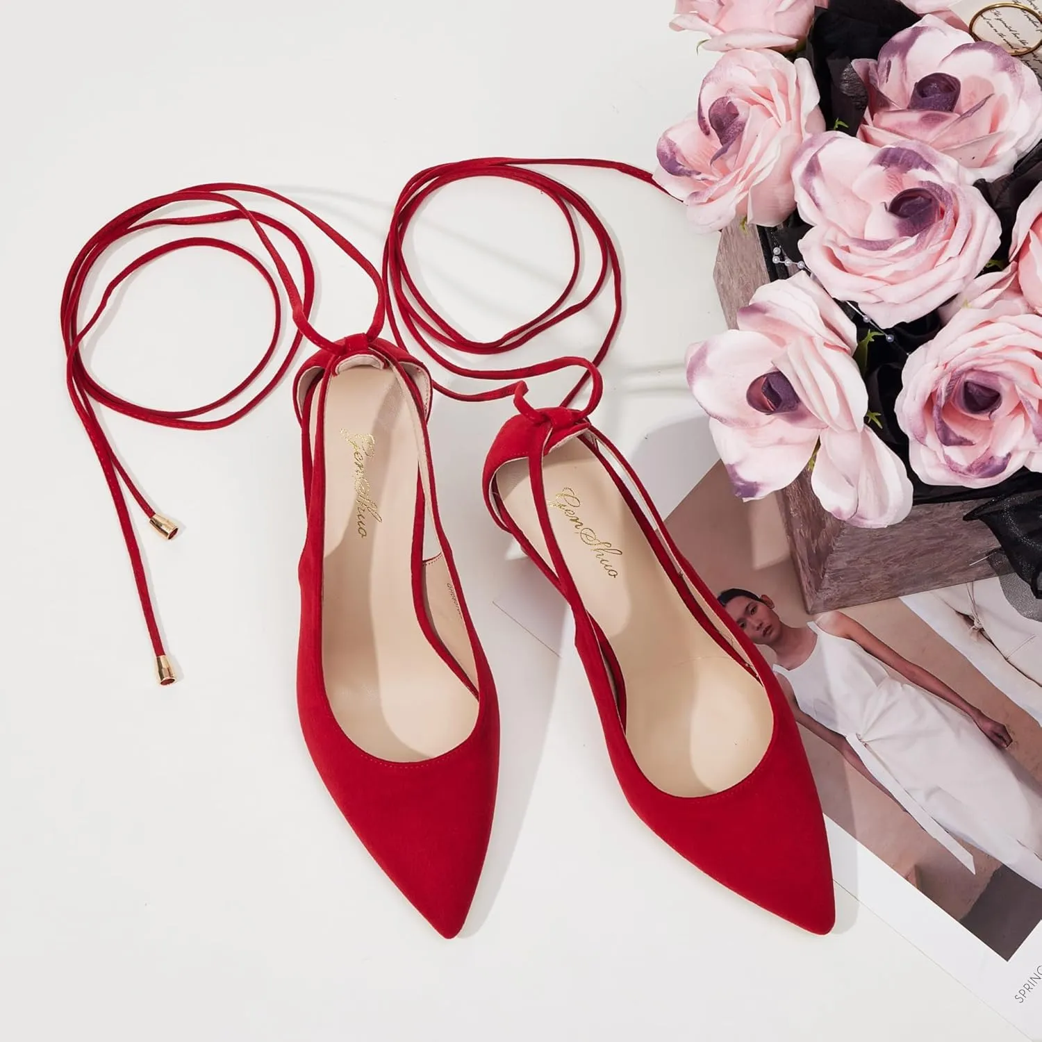 GENSHUO Lace Up Pumps for Women Strappy High Heels Sexy Pointed Closed Toe Shoes 3 Inch Stiletto Heels Suede Dress Party Wedding Shoes