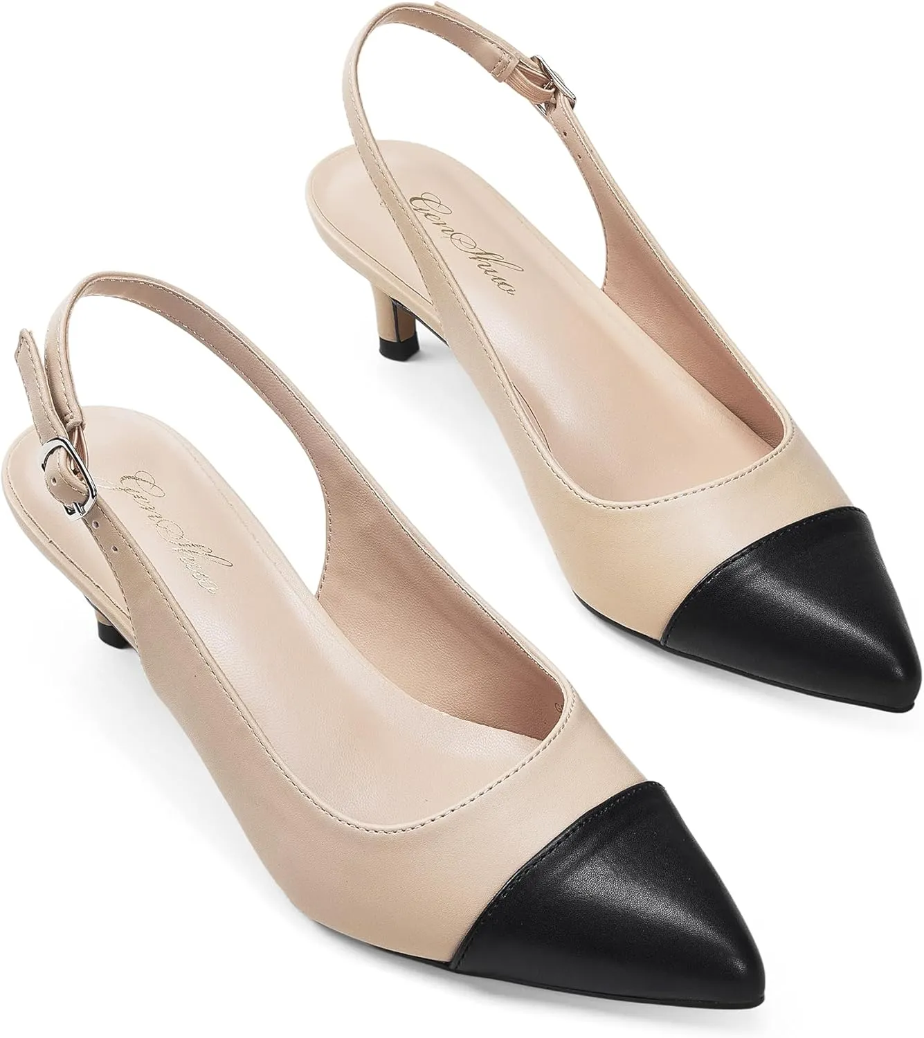 GENSHUO Low Kitten Heels Women's Slingback Dressy Pumps Pointed Closed Toe Ankle Strap Elegant Wedding Pumps Formal Comfortable Shoes