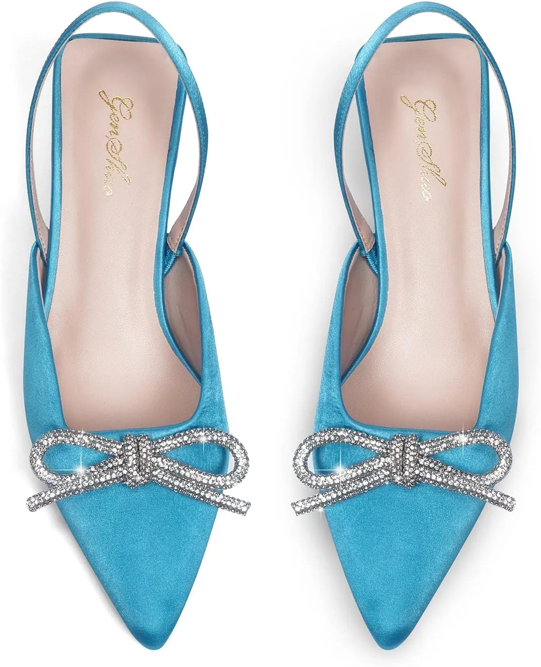 GENSHUO Slingback Rhinestone Bow Heels for Women Closed Pointed Toe Kitten Pumps Slip On Stilettos Wedding Bride Dress Shoes
