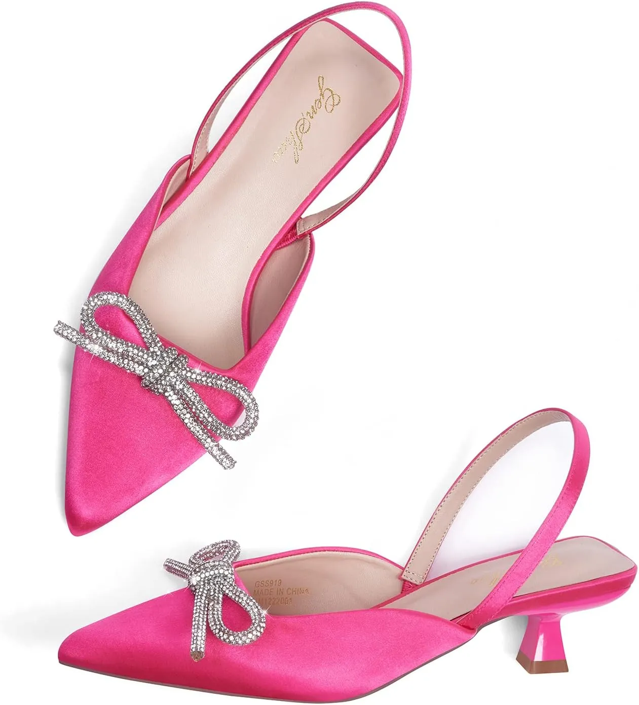 GENSHUO Slingback Rhinestone Bow Heels for Women Closed Pointed Toe Kitten Pumps Slip On Stilettos Wedding Bride Dress Shoes