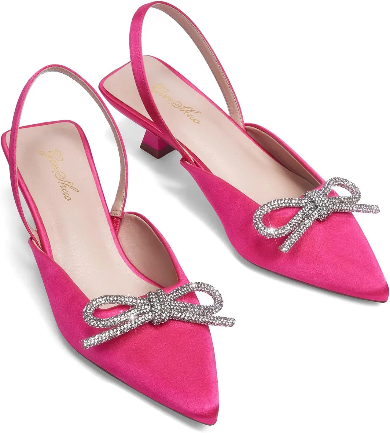 GENSHUO Slingback Rhinestone Bow Heels for Women Closed Pointed Toe Kitten Pumps Slip On Stilettos Wedding Bride Dress Shoes