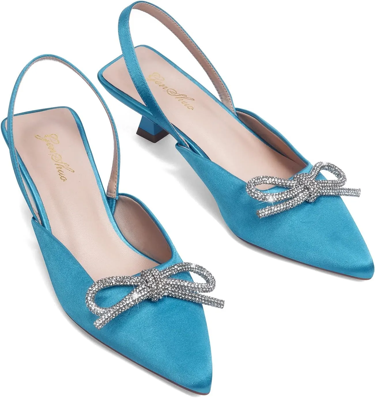 GENSHUO Slingback Rhinestone Bow Heels for Women Closed Pointed Toe Kitten Pumps Slip On Stilettos Wedding Bride Dress Shoes
