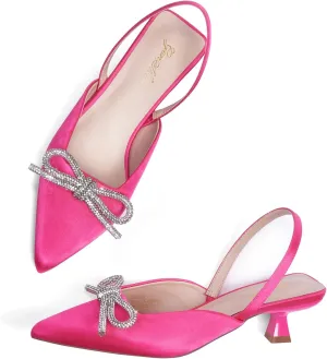 GENSHUO Slingback Rhinestone Bow Heels for Women Closed Pointed Toe Kitten Pumps Slip On Stilettos Wedding Bride Dress Shoes