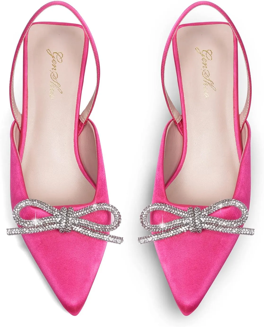 GENSHUO Slingback Rhinestone Bow Heels for Women Closed Pointed Toe Kitten Pumps Slip On Stilettos Wedding Bride Dress Shoes