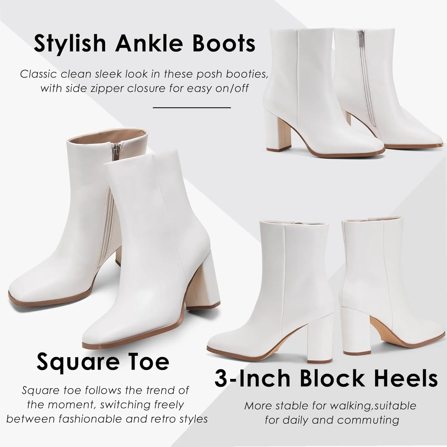 GENSHUO Square Toe Ankle Boots for Women 3.15 Inch High Block Heel Short Boots Fashion Side Zipper Booties Shoes
