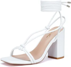 GENSHUO Square Toe Sandals Women Lace up Chunky High Heels Strappy Sandals Block Heeled Ankle Wrap Homecoming Wedding Dress Shoes Gold Size 9.5