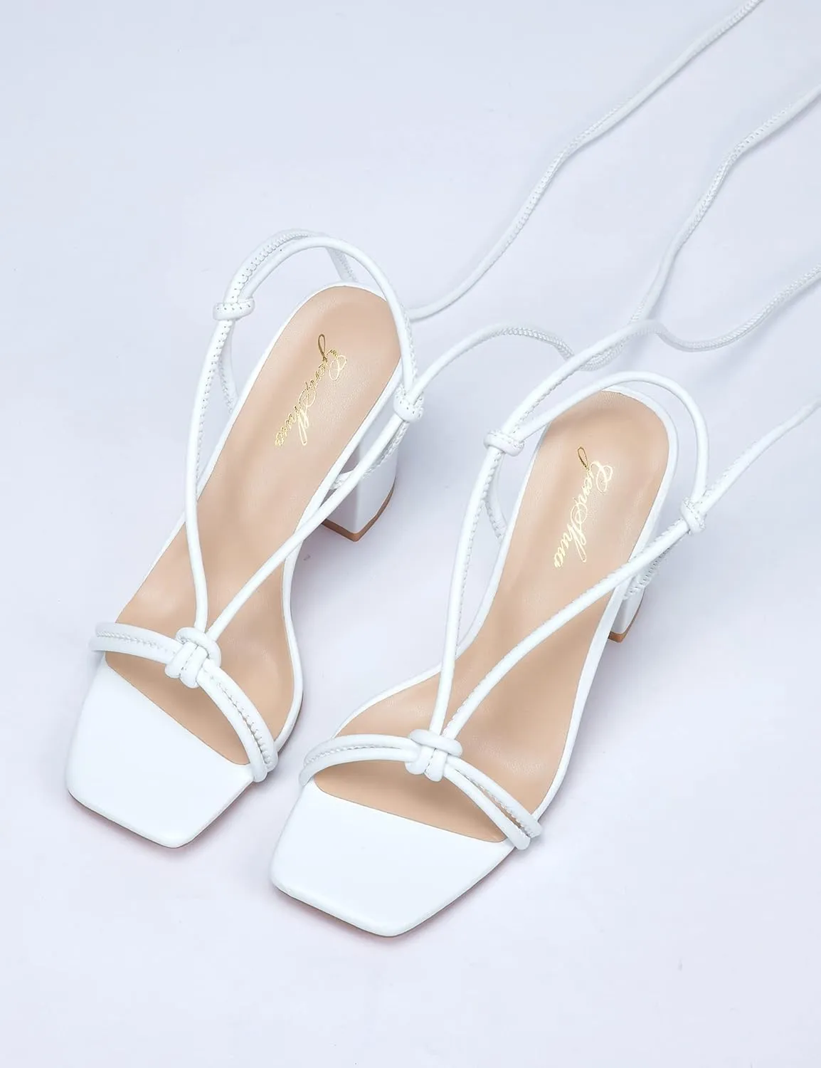 GENSHUO Square Toe Sandals Women Lace up Chunky High Heels Strappy Sandals Block Heeled Ankle Wrap Homecoming Wedding Dress Shoes Gold Size 9.5
