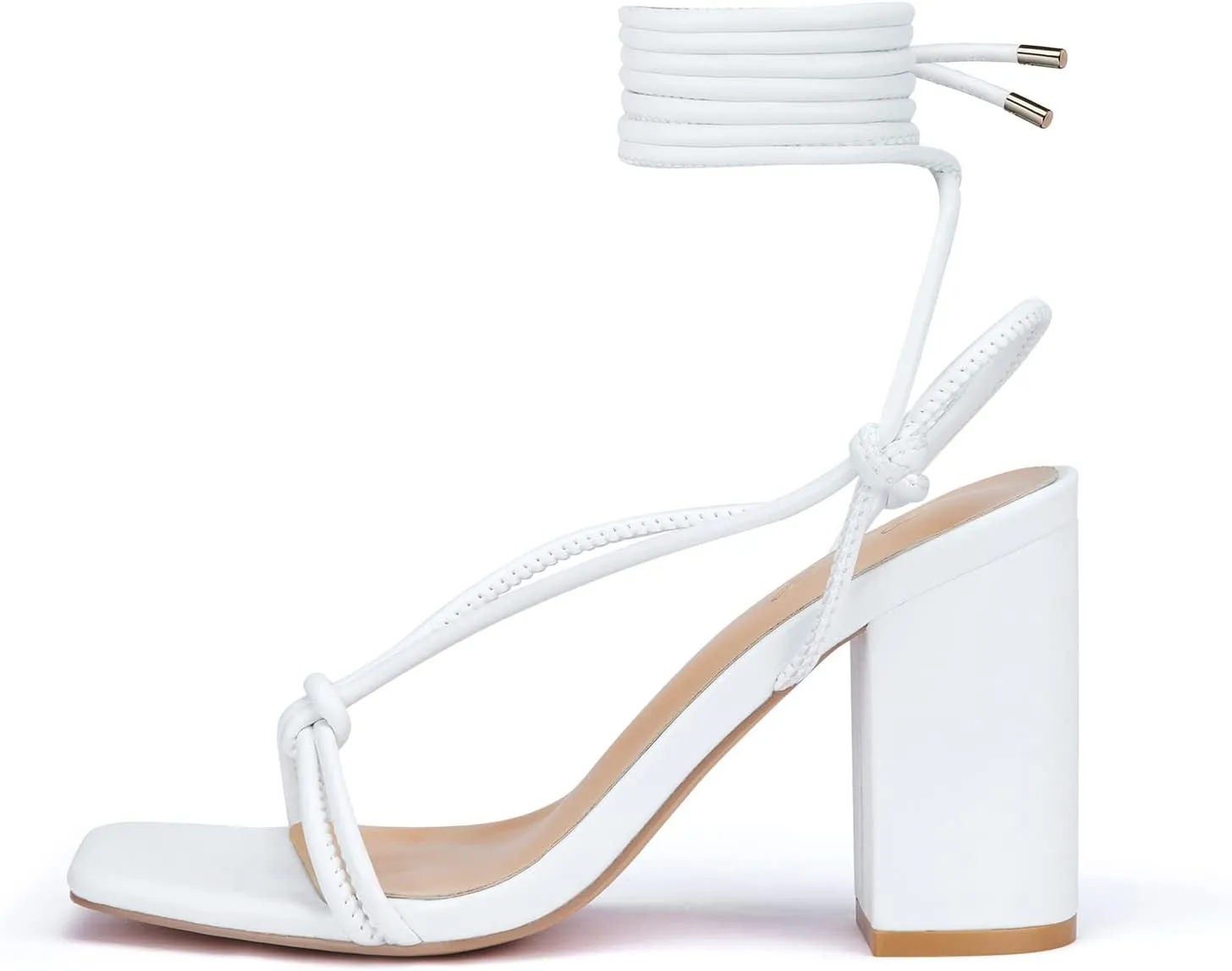 GENSHUO Square Toe Sandals Women Lace up Chunky High Heels Strappy Sandals Block Heeled Ankle Wrap Homecoming Wedding Dress Shoes Gold Size 9.5