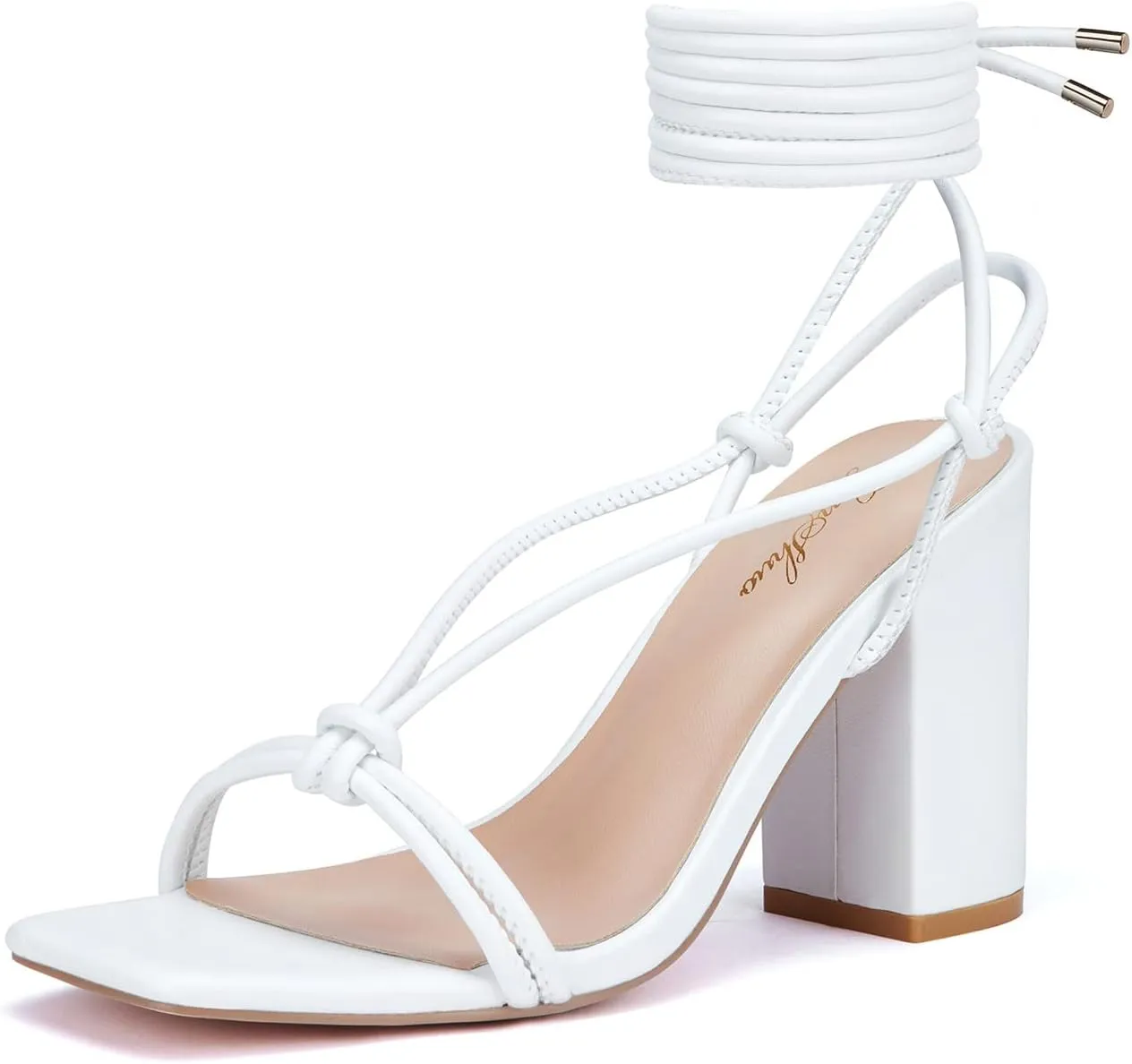GENSHUO Square Toe Sandals Women Lace up Chunky High Heels Strappy Sandals Block Heeled Ankle Wrap Homecoming Wedding Dress Shoes Gold Size 9.5