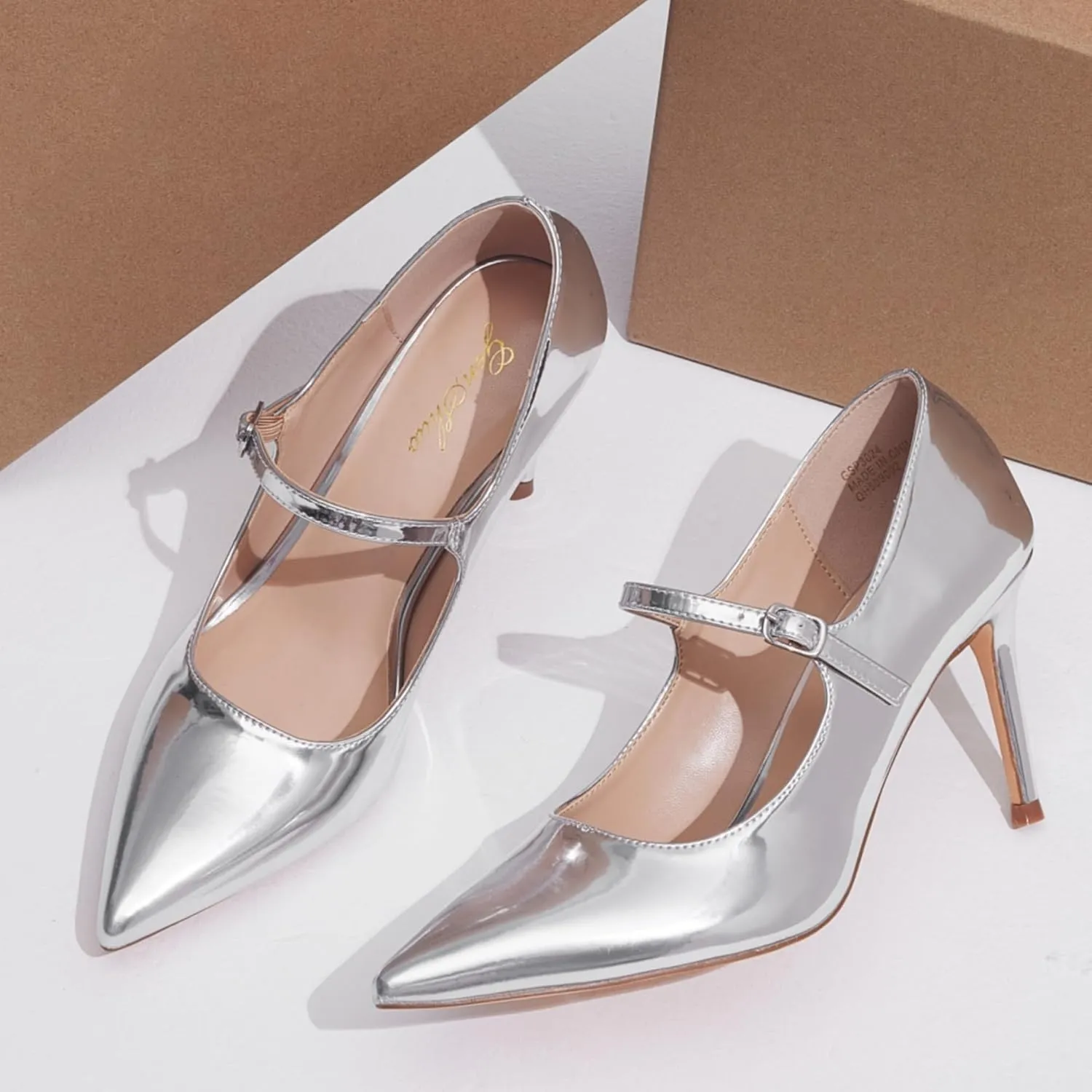 GENSHUO Women Mary Jane Pumps High Heels Pointed Closed Toe Stiletto with Strap Comfortable Vintage 3.2 Inch Office Wedding Dance Party Dress Shoes