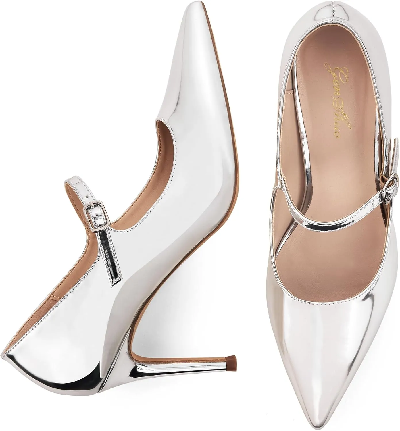 GENSHUO Women Mary Jane Pumps High Heels Pointed Closed Toe Stiletto with Strap Comfortable Vintage 3.2 Inch Office Wedding Dance Party Dress Shoes