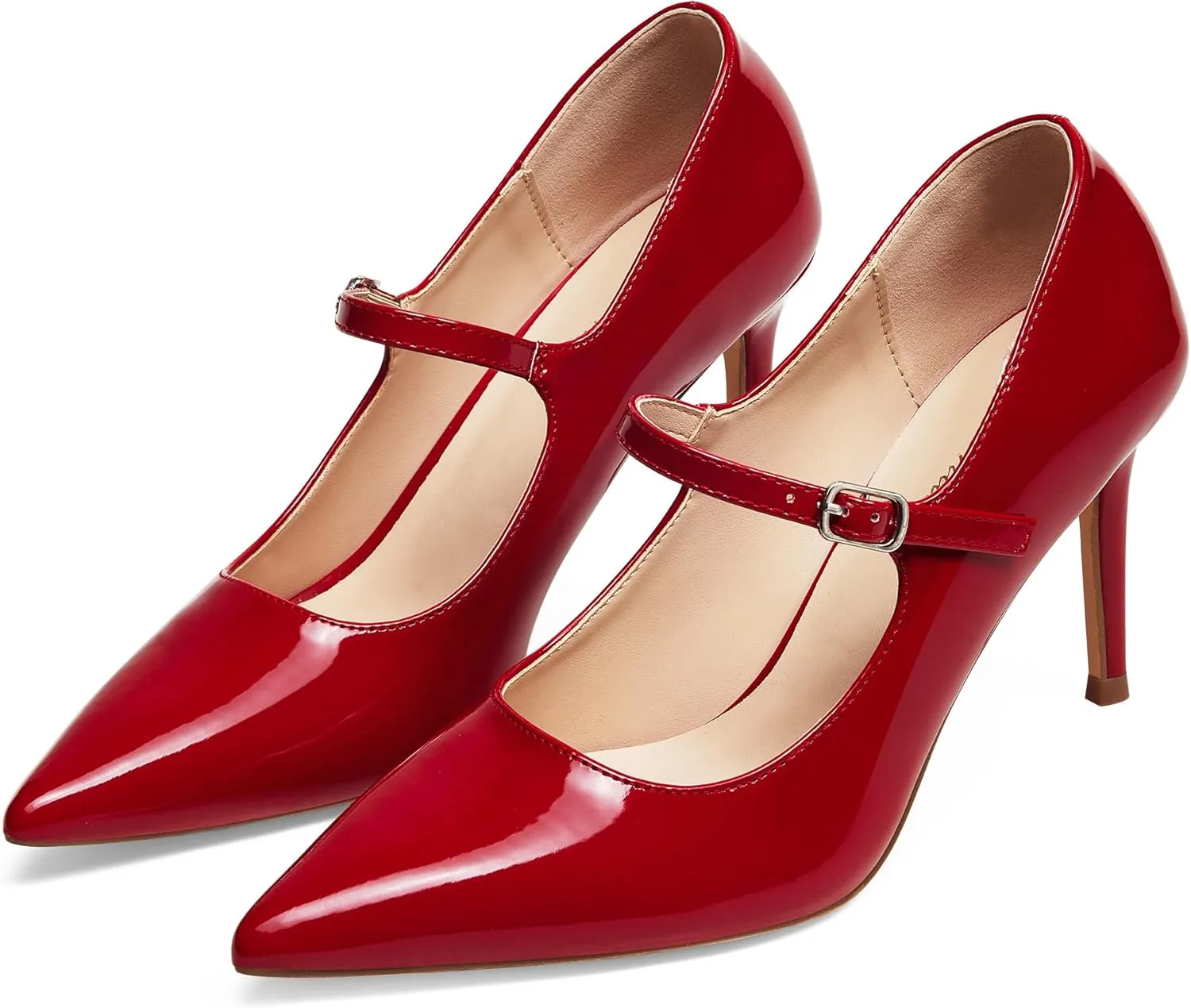 GENSHUO Women Mary Jane Pumps High Heels Pointed Closed Toe Stiletto with Strap Comfortable Vintage 3.2 Inch Office Wedding Dance Party Dress Shoes