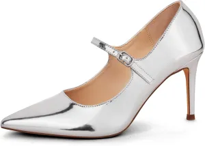 GENSHUO Women Mary Jane Pumps High Heels Pointed Closed Toe Stiletto with Strap Comfortable Vintage 3.2 Inch Office Wedding Dance Party Dress Shoes