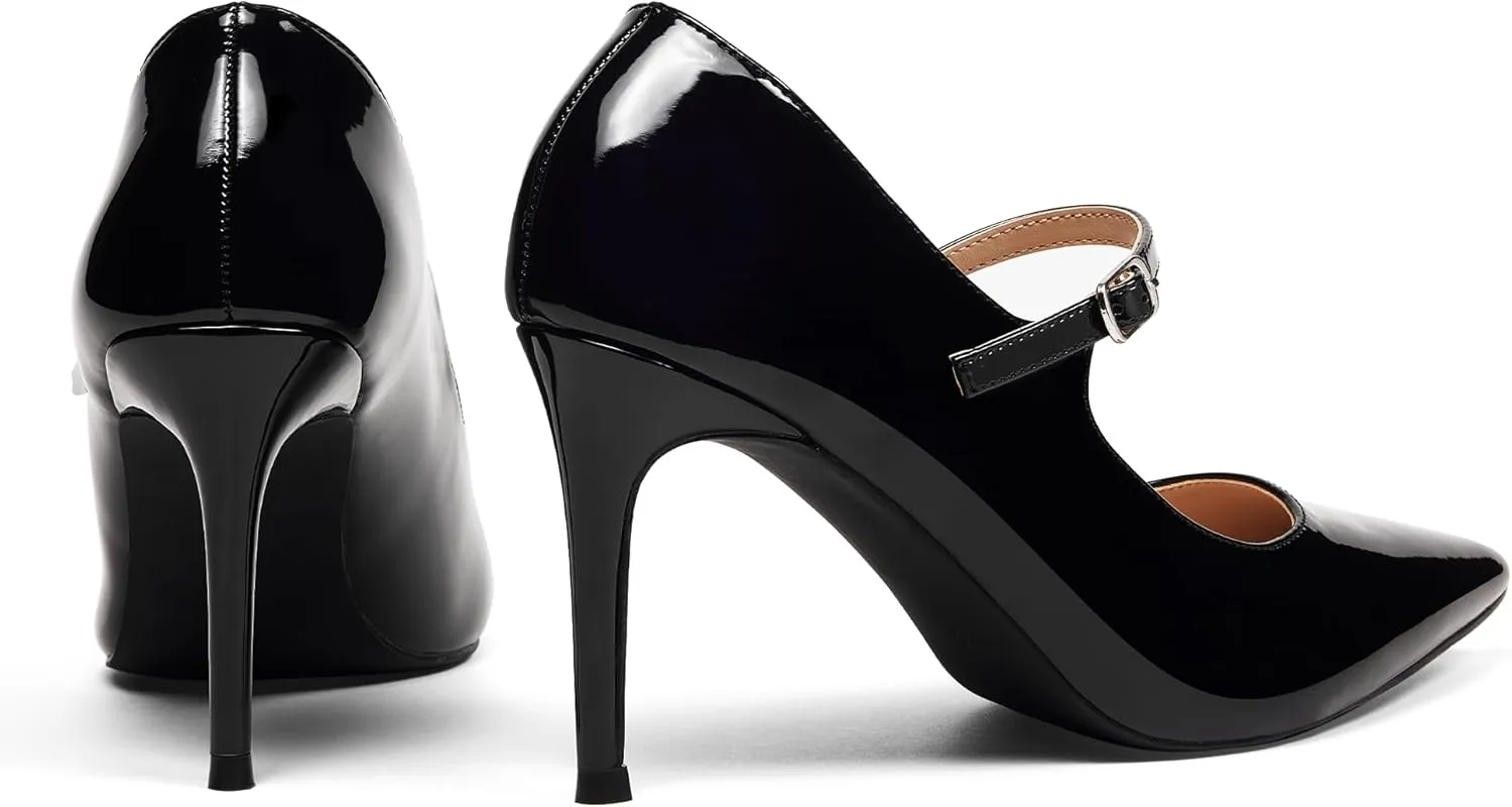 GENSHUO Women Mary Jane Pumps High Heels Pointed Closed Toe Stiletto with Strap Comfortable Vintage 3.2 Inch Office Wedding Dance Party Dress Shoes