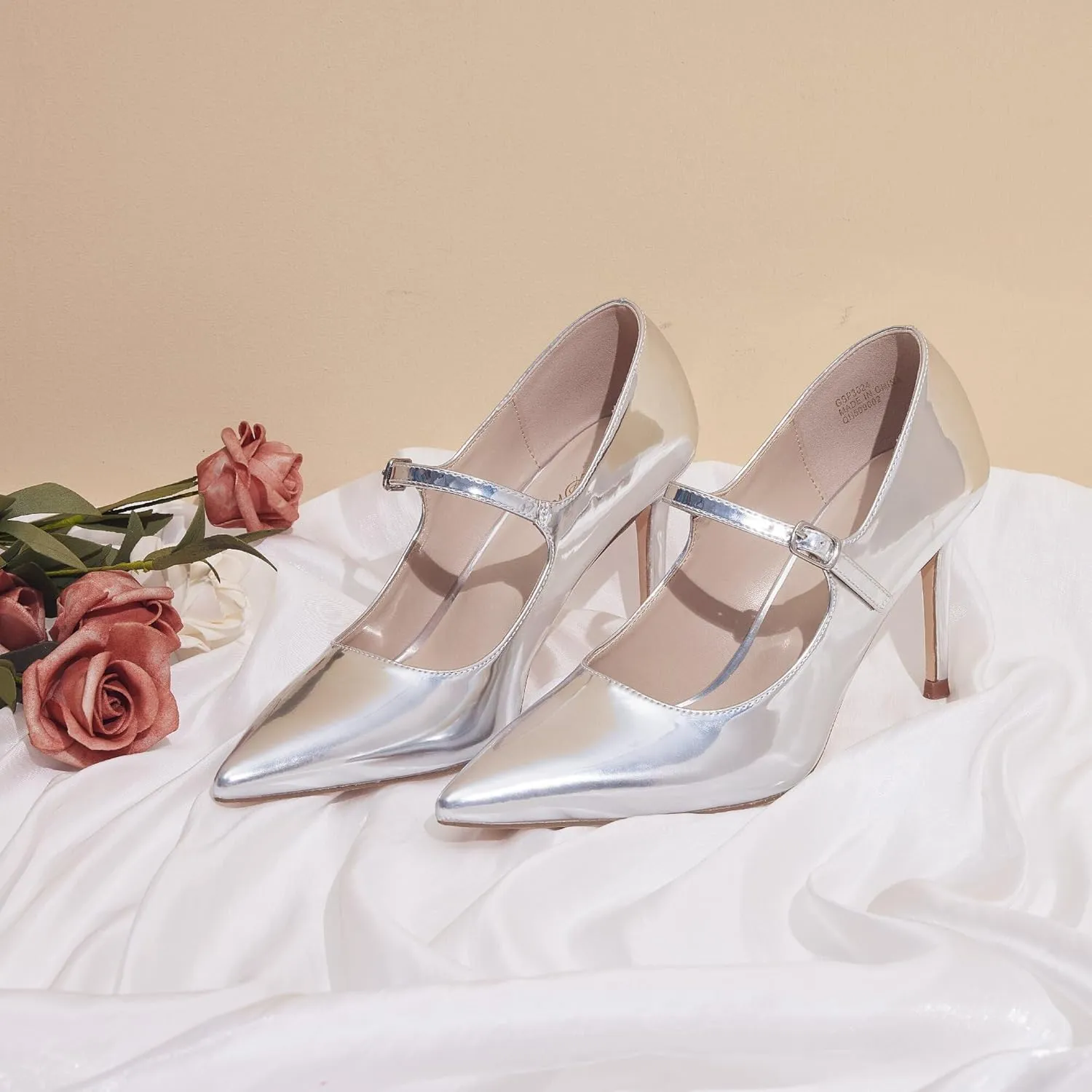 GENSHUO Women Mary Jane Pumps High Heels Pointed Closed Toe Stiletto with Strap Comfortable Vintage 3.2 Inch Office Wedding Dance Party Dress Shoes