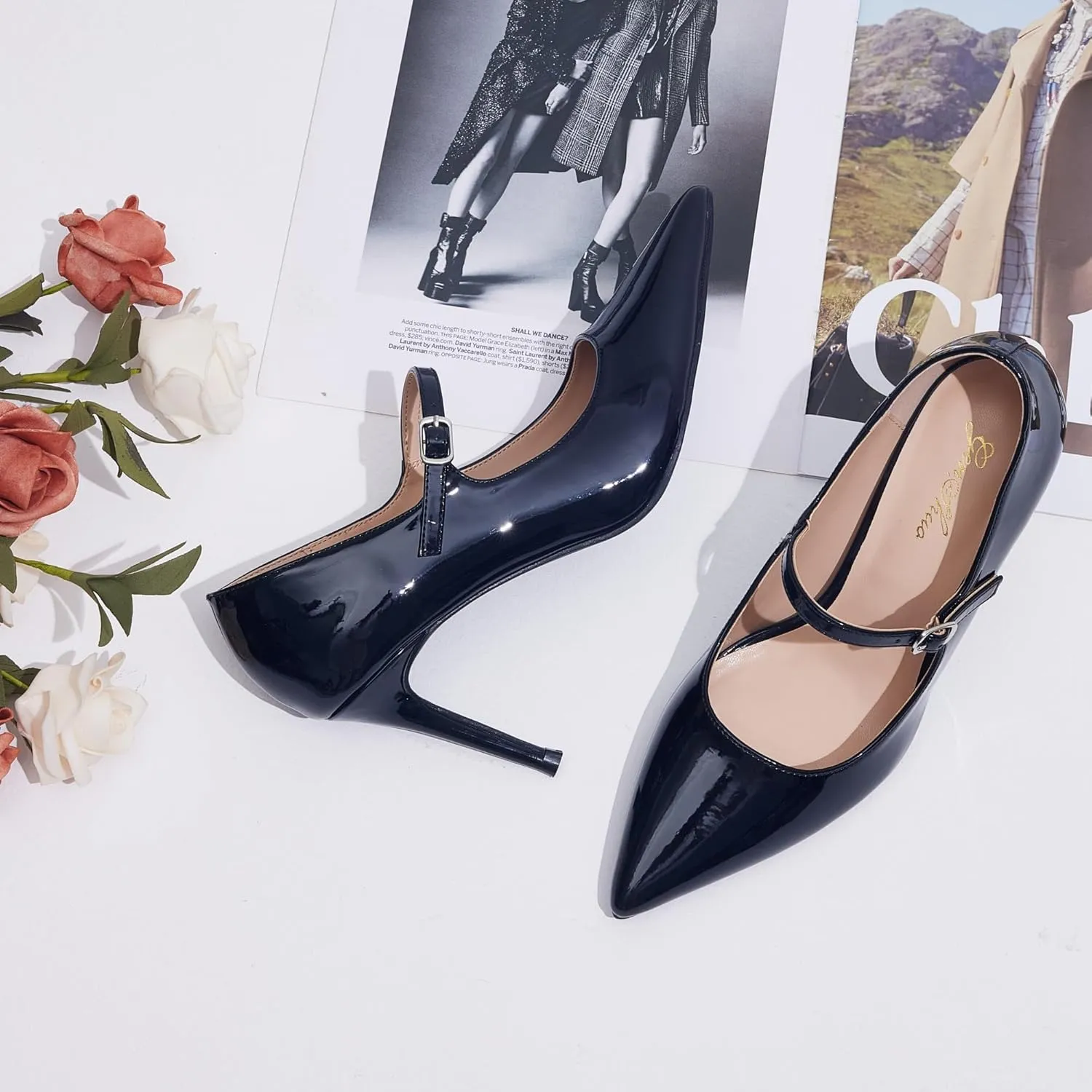 GENSHUO Women Mary Jane Pumps High Heels Pointed Closed Toe Stiletto with Strap Comfortable Vintage 3.2 Inch Office Wedding Dance Party Dress Shoes