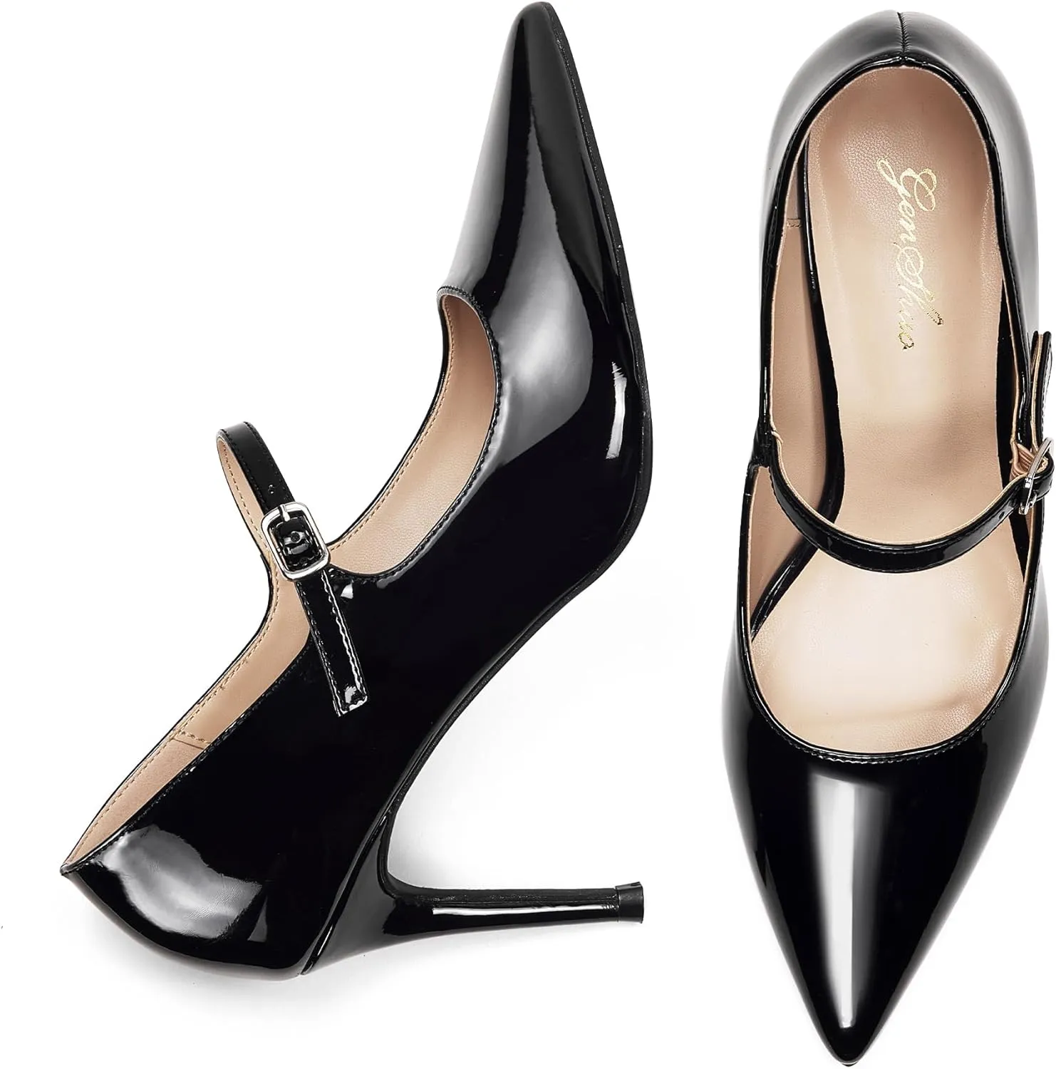 GENSHUO Women Mary Jane Pumps High Heels Pointed Closed Toe Stiletto with Strap Comfortable Vintage 3.2 Inch Office Wedding Dance Party Dress Shoes