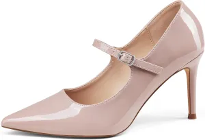 GENSHUO Women Mary Jane Pumps High Heels Pointed Closed Toe Stiletto with Strap Comfortable Vintage 3.2 Inch Office Wedding Dance Party Dress Shoes