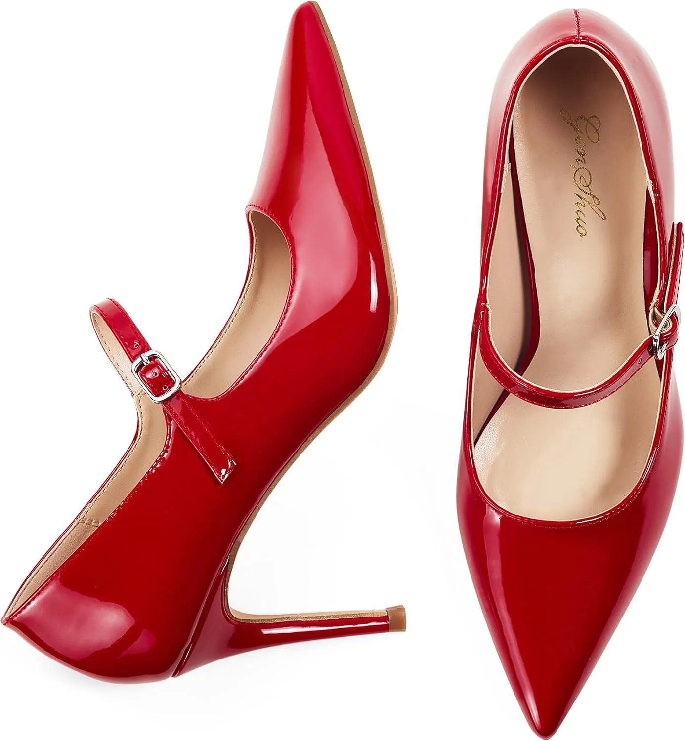 GENSHUO Women Mary Jane Pumps High Heels Pointed Closed Toe Stiletto with Strap Comfortable Vintage 3.2 Inch Office Wedding Dance Party Dress Shoes