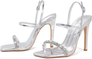 GENSHUO Womens 4 inches Heeled Sandals Square Open Toe Ankle Strap Stiletto High Heel Sandals Dress Wedding Party Heels