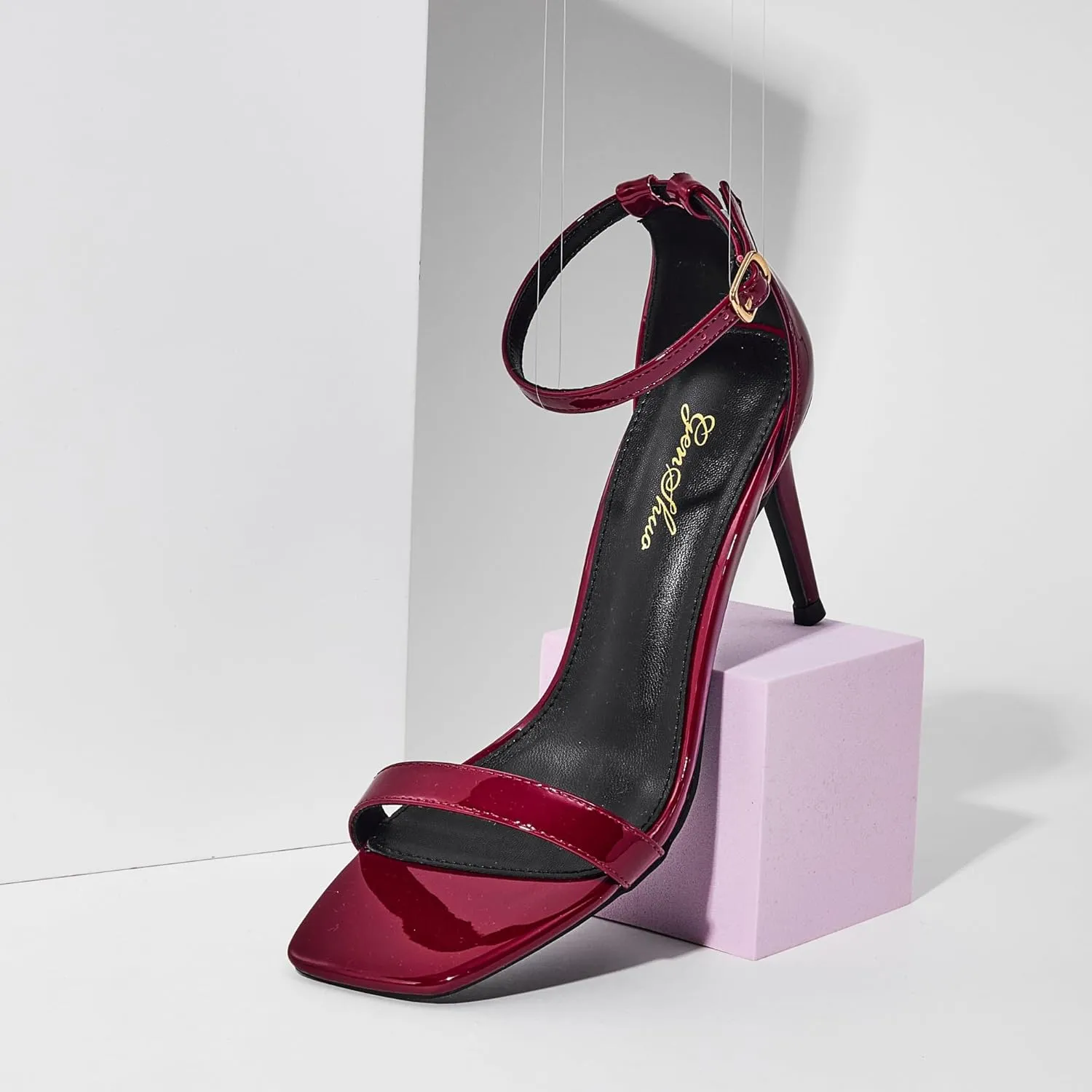 GENSHUO Women's Heeled Sandals Dressy Strappy Stiletto High Heels 3 Inch Square Open Toe Ankle Strap Buckle Sexy Prom Wedding Dress Shoes Ankle Wrap