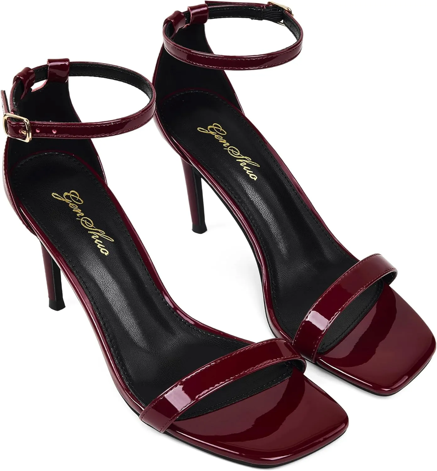 GENSHUO Women's Heeled Sandals Dressy Strappy Stiletto High Heels 3 Inch Square Open Toe Ankle Strap Buckle Sexy Prom Wedding Dress Shoes Ankle Wrap