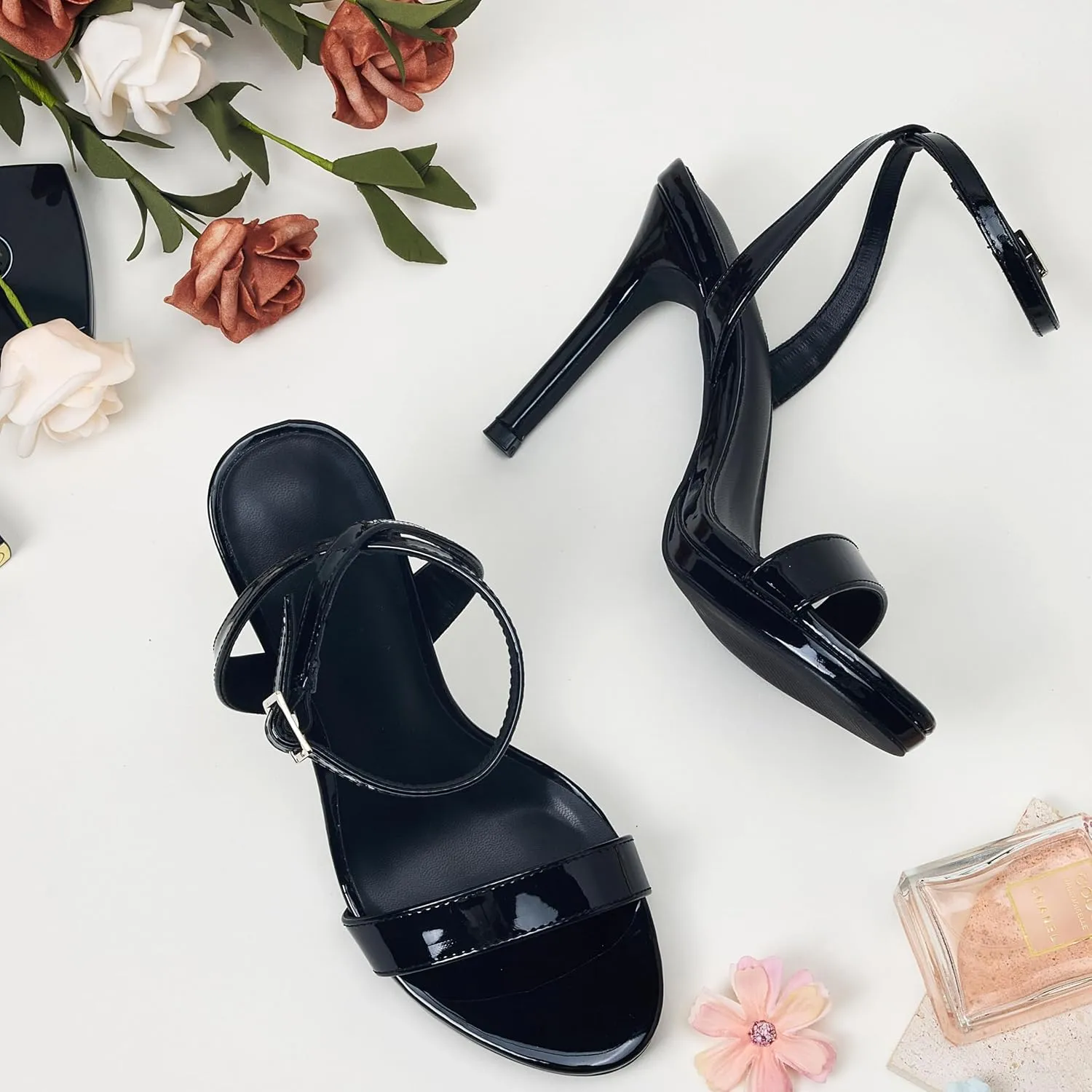GENSHUO Women's High Heels Strappy Sandals with Round Open Toe Sexy Comfortable Ankle Strap Stiletto Wedding Prom Party Homecoming Dance Heeled Shoes