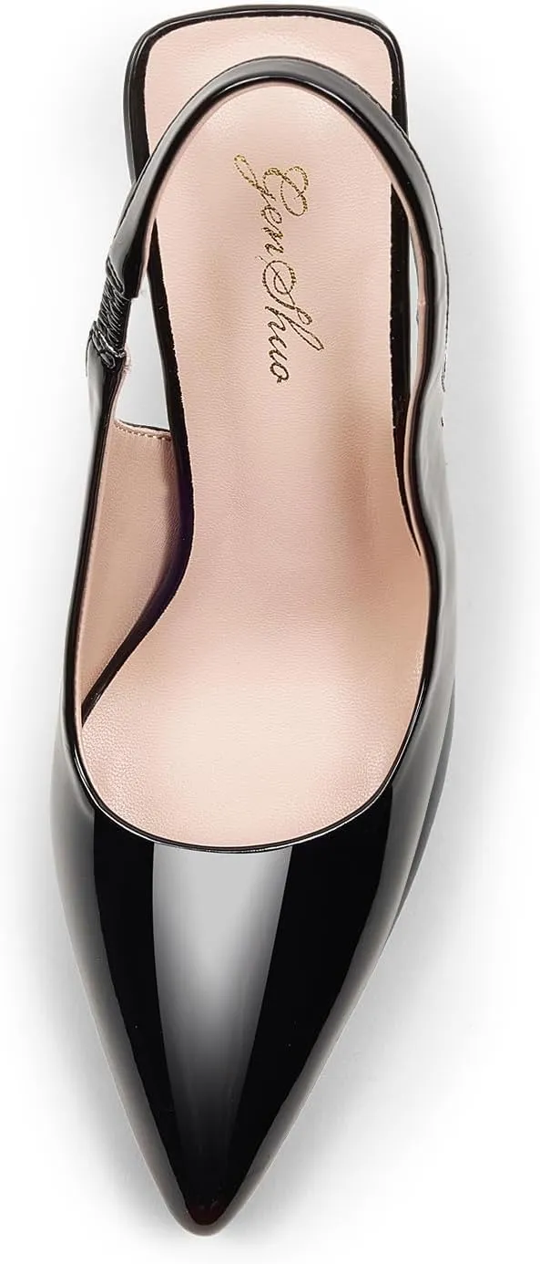 GENSHUO Women's Slingback Kitten Heel Pointed Closed Toe Stiletto Pumps Slip on Elastic Strap Wedding Party Dress Sandals Shoes