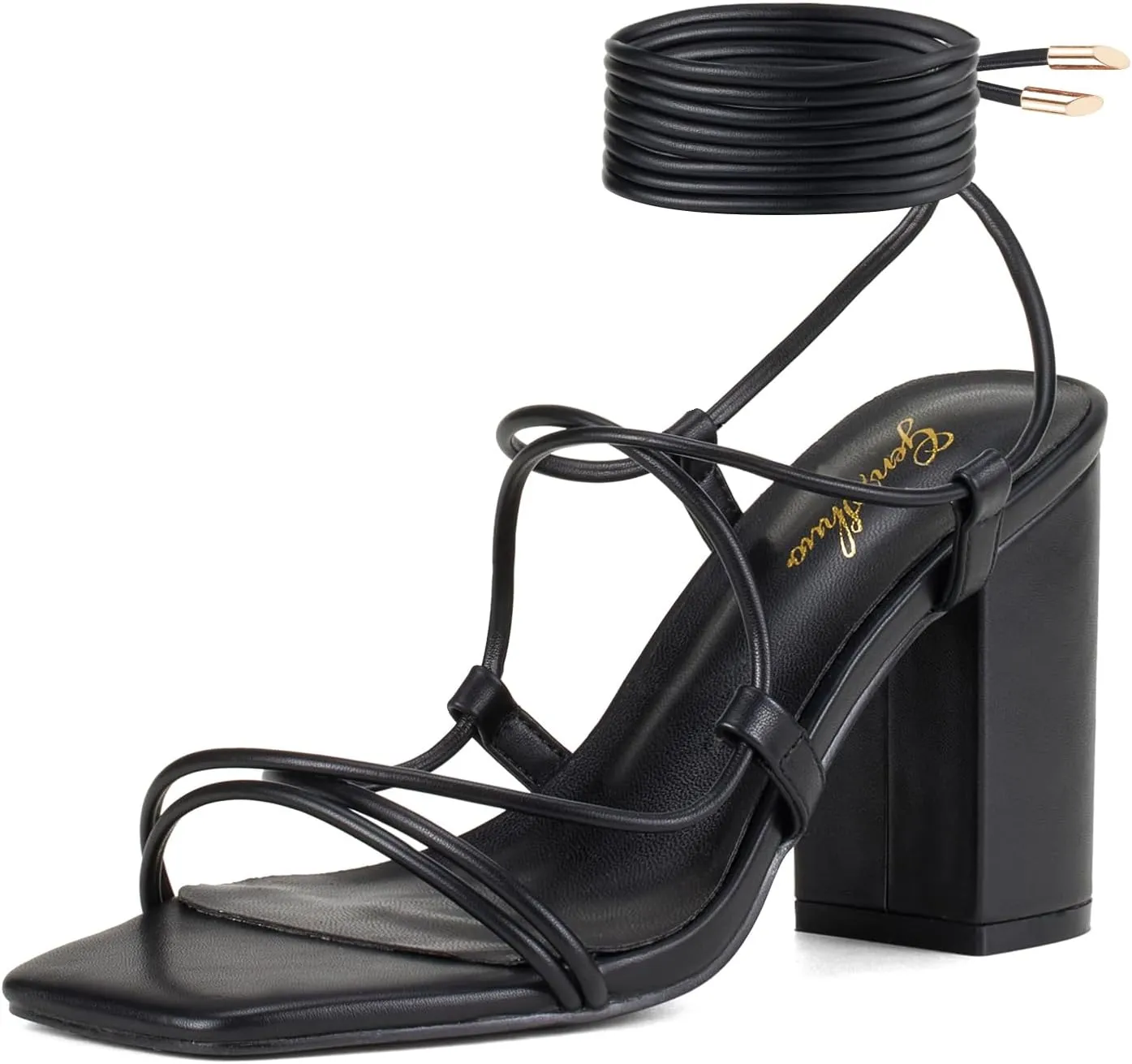 GENSHUO Women's Strappy Chunky Heels Sandals, Lace Up Square Open Toe Ankle Wrap Block Heeled Homecoming Wedding Dress Shoes