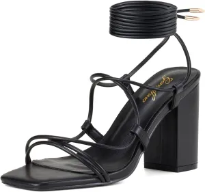 GENSHUO Women's Strappy Chunky Heels Sandals, Lace Up Square Open Toe Ankle Wrap Block Heeled Homecoming Wedding Dress Shoes