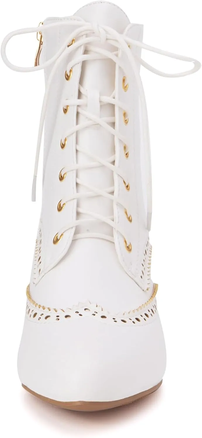Gicoiz Women Lace Up Business Work Brogue Ankle Boots Pointed Toe