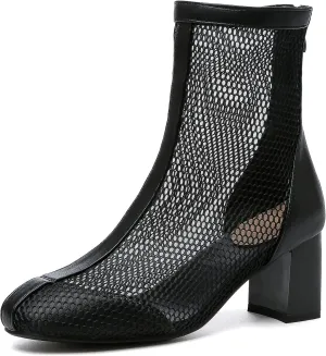 Gicoiz Women Summer Chelsea Block Heel Mesh Ankle Boots