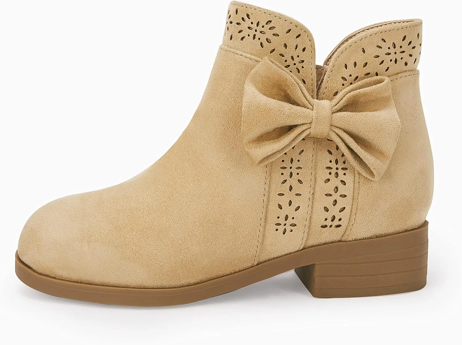 Girls Kids Bow Knot Ankle Boots Faux Suede V Cutout Low Stacked Heel Side Zipper Chelsea Shoes